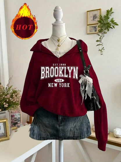 Sweatshirt with half-zip, collar, and Brooklyn print