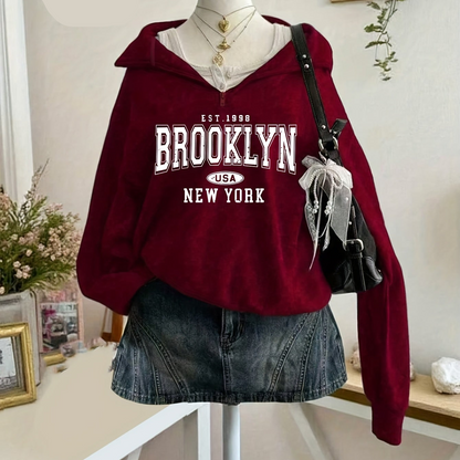 Sweatshirt with half-zip, collar, and Brooklyn print