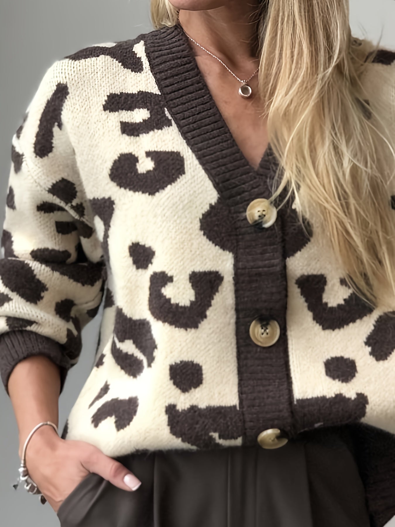 Damen Strickjacke mit Leopardenmuster V-Ausschnitt Knöpfen