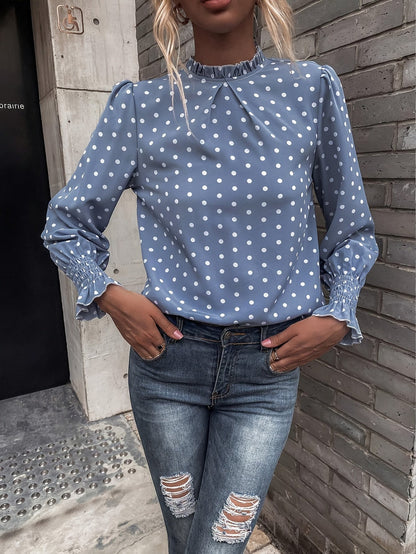 Women's blouse with polka-dot pattern, stand-up collar, and gathered sleeves