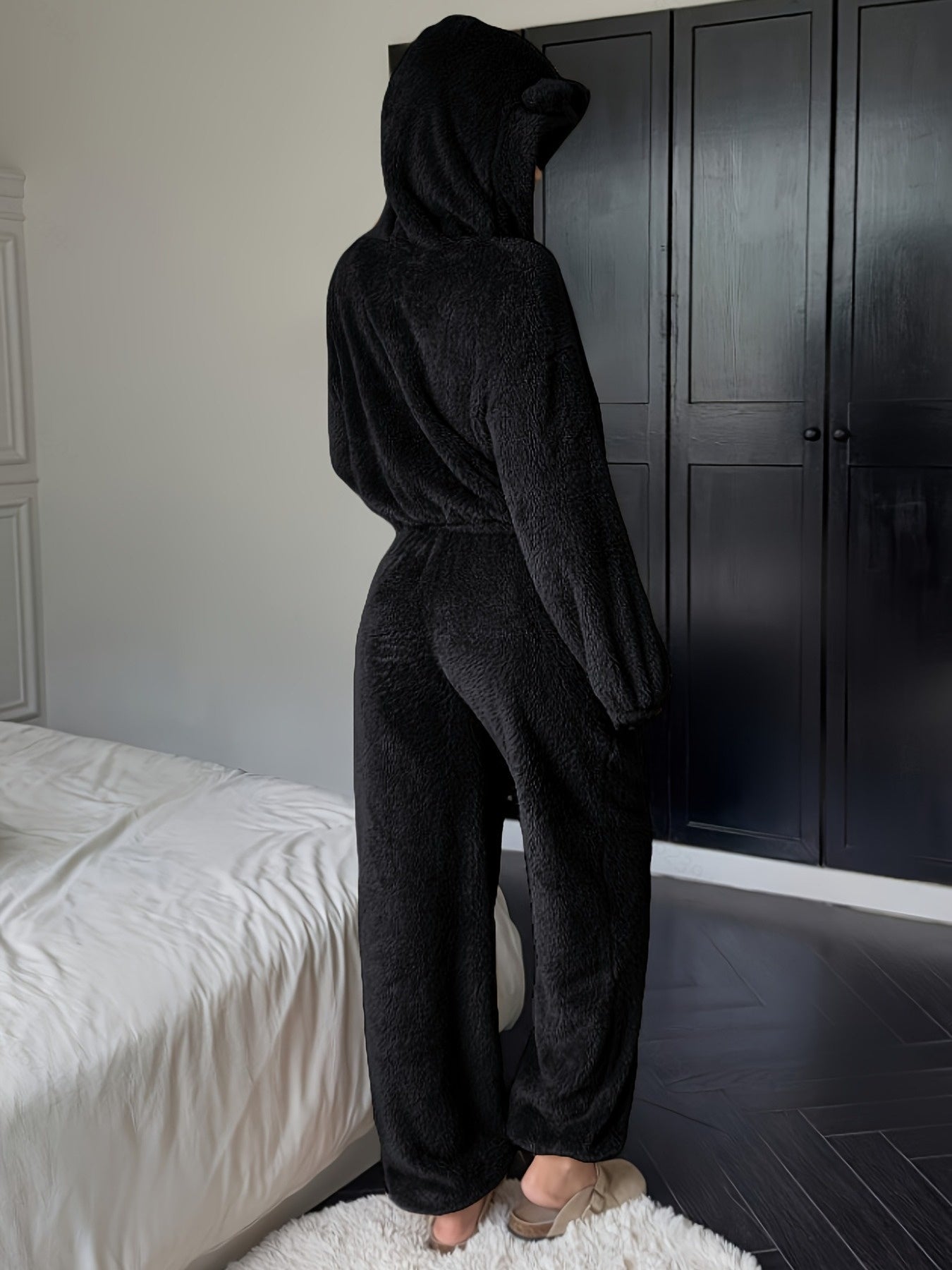 Damen Kuscheliger Loungewear Schlafanzug mit Kapuze und Ohren Plüsch Zweiteiler