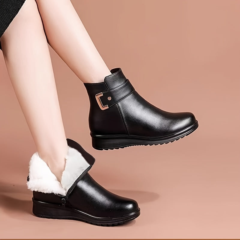 Women’s black winter ankle boots with warm lining and buckle