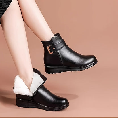 Women’s black winter ankle boots with warm lining and buckle