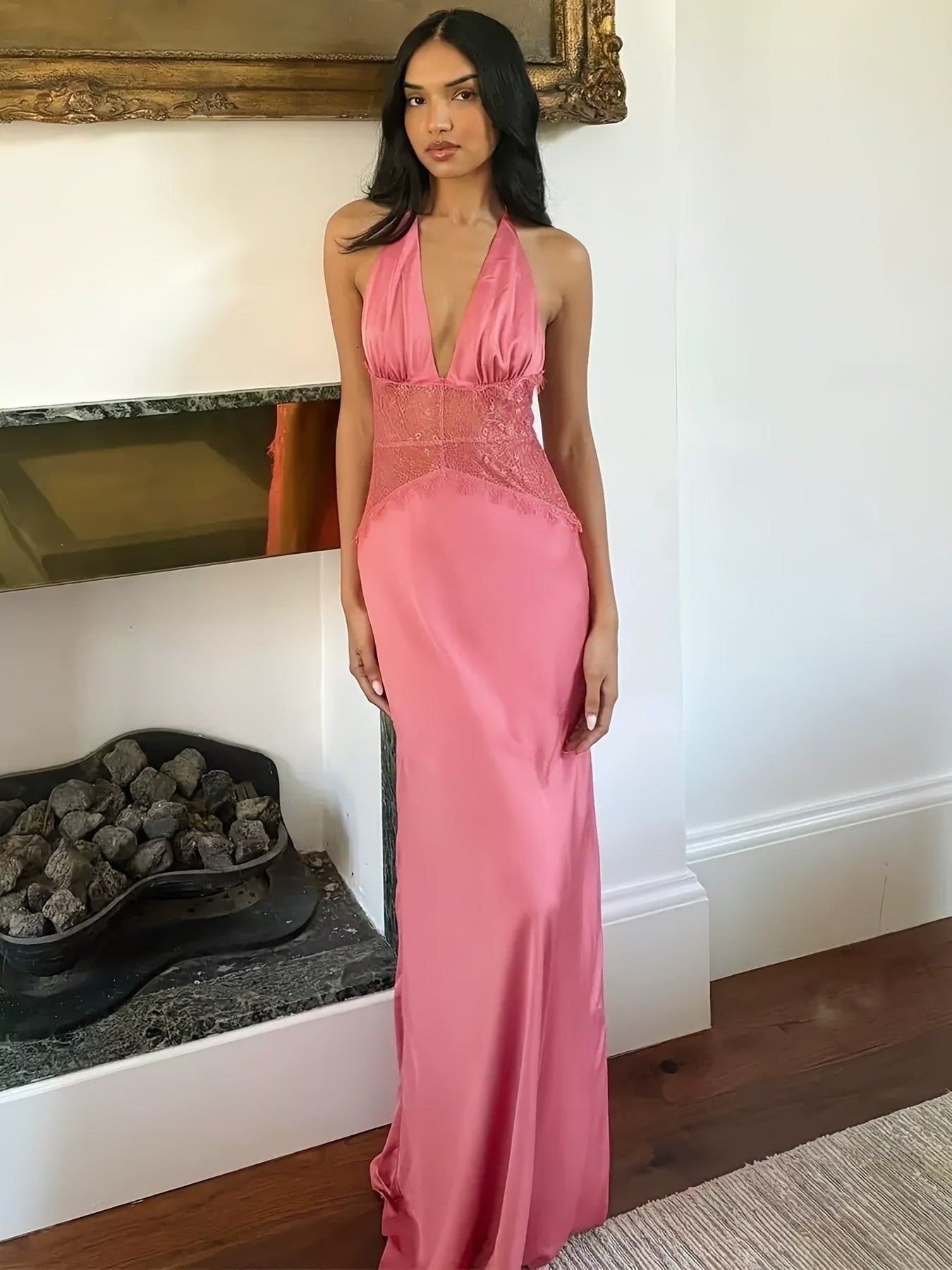 Women's Elegant Fit & Flare Evening Dress with Lace and Deep V-Neck, Floor-Length for Special Occasions