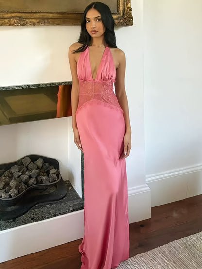 Women's Elegant Fit & Flare Evening Dress with Lace and Deep V-Neck, Floor-Length for Special Occasions