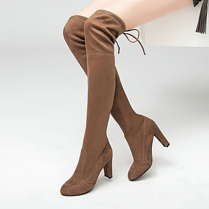 Damen Overknee Stiefel mit Blockabsatz und Schnürung