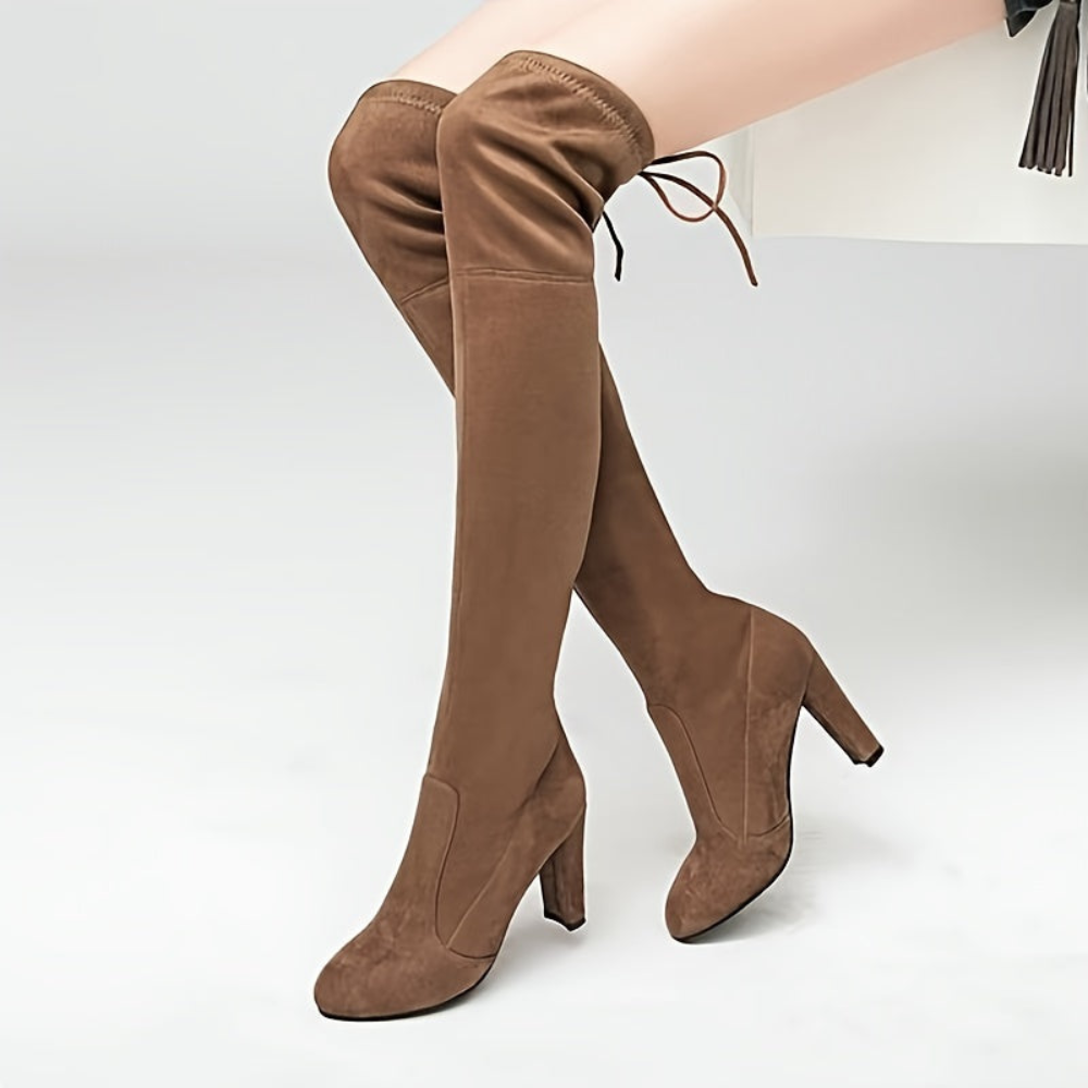 Damen Overknee Stiefel mit Blockabsatz und Schnürung