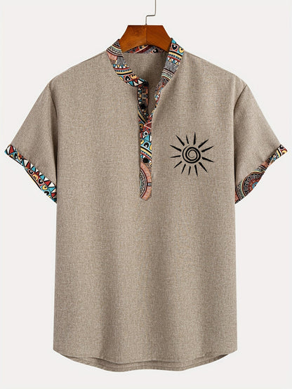 Herren Kurzarm Freizeithemd mit Ethno Muster und V-Ausschnitt – Modernes Sommerhemd für Alltag & Freizeit