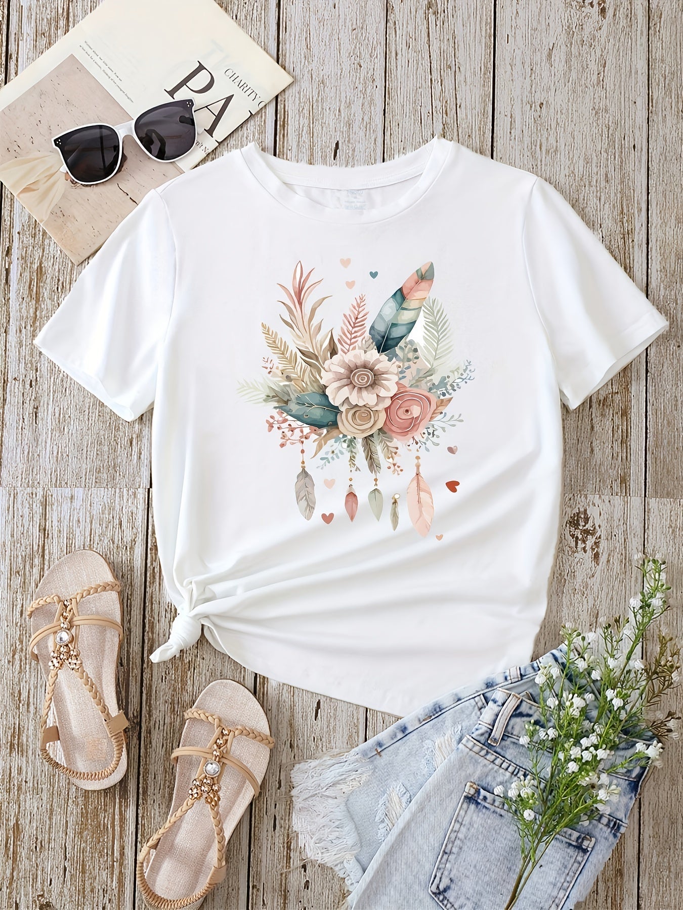 Women's T-Shirt with Floral Feather Graphic – Casual Summer Style
