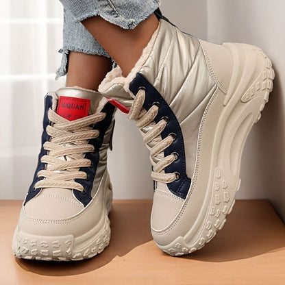 Women's winter boots, warm-lined beige high-top sneakers