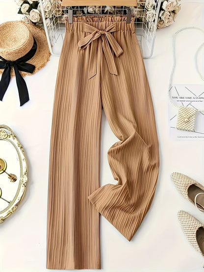 Women's Elegant Pleated Pants with Bow Waist, Wide Leg, Perfect for Spring and Summer, Casual and Office