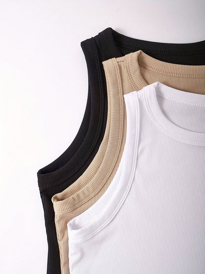 Damen Sportliche Basic Tanktops 3er Pack – Ärmellos, Rundhals, Sommer Freizeit