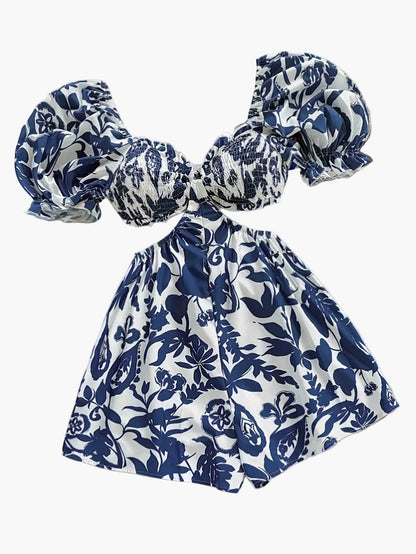 Damen Sommer Jumpsuit mit Puffärmeln und tropischem Blattmuster – Perfekt für Strand und Urlaub