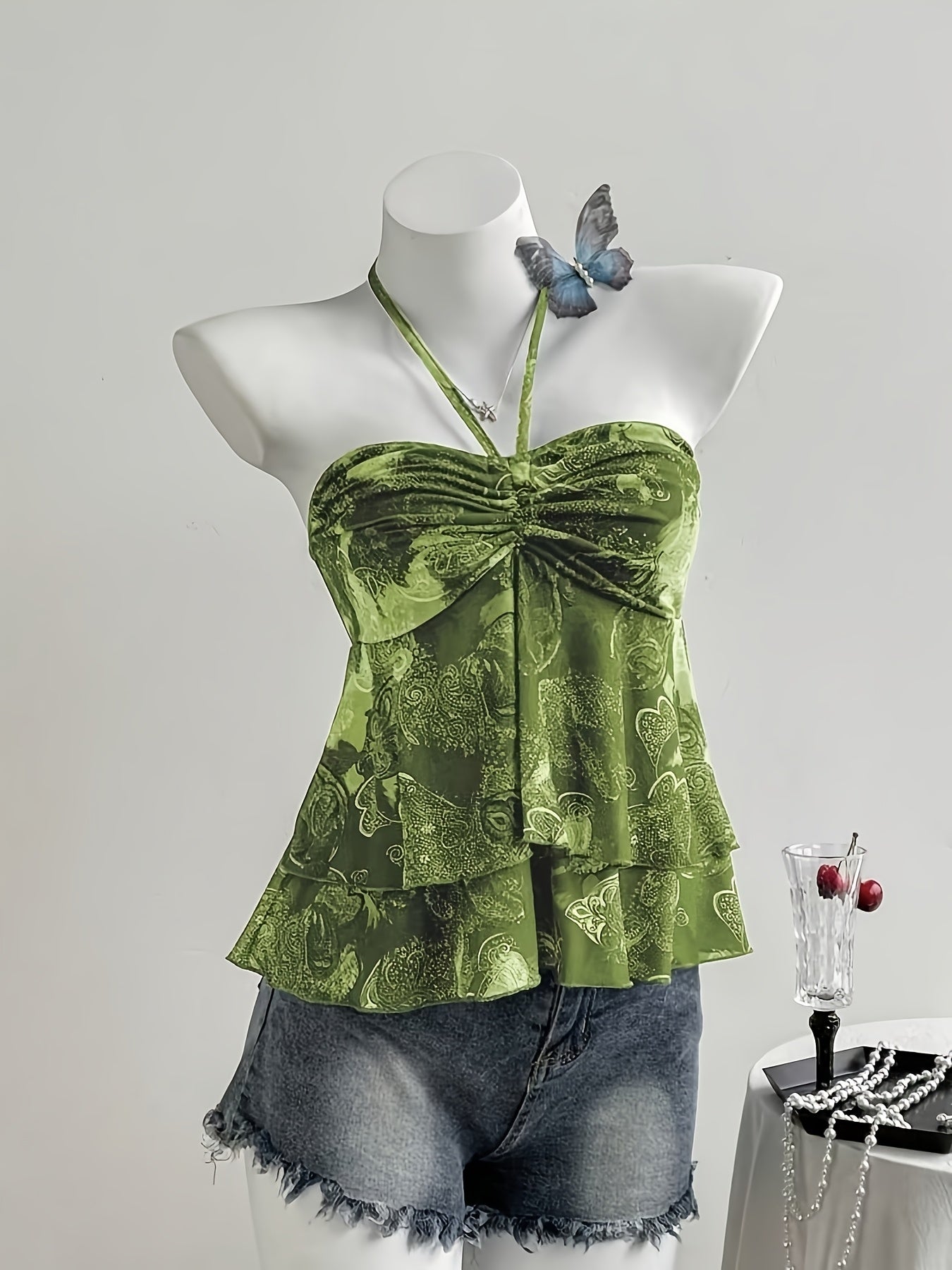 Women's Halterneck Top with Ruffles and Romantic Pattern – Ideal for Casual Wear and Summer