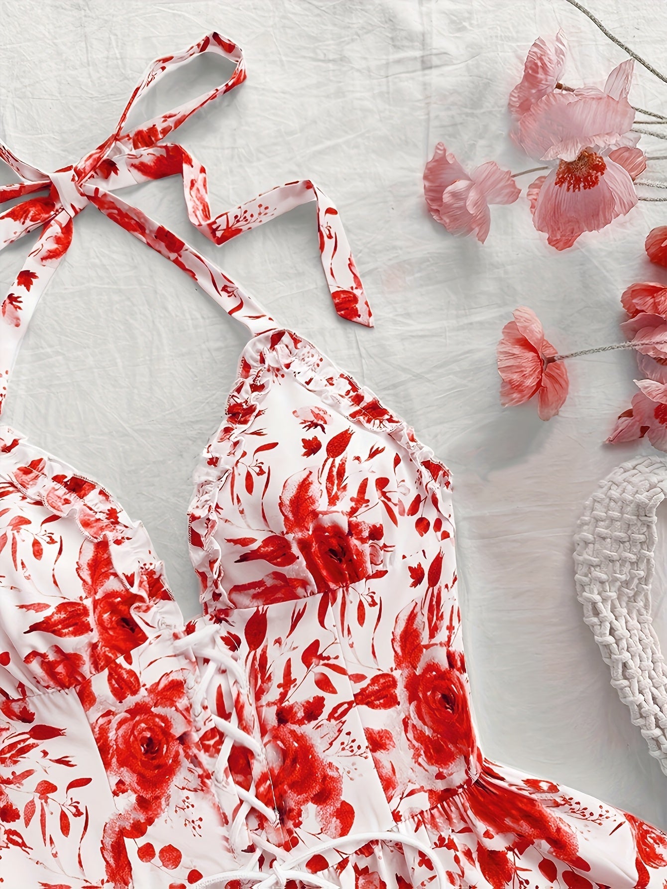 Women's Summer Mini Dress with Rose Pattern, Halterneck, Ruffles, and Lacing – Romantic Casual Dress for Garden Parties & Vacation