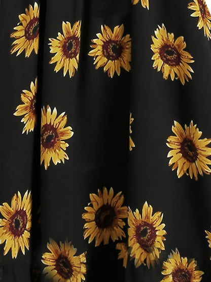 Damen Vintage Sommerkleid A-Linie mit Sonnenblumenmuster – Perfekt für Alltag und Freizeit