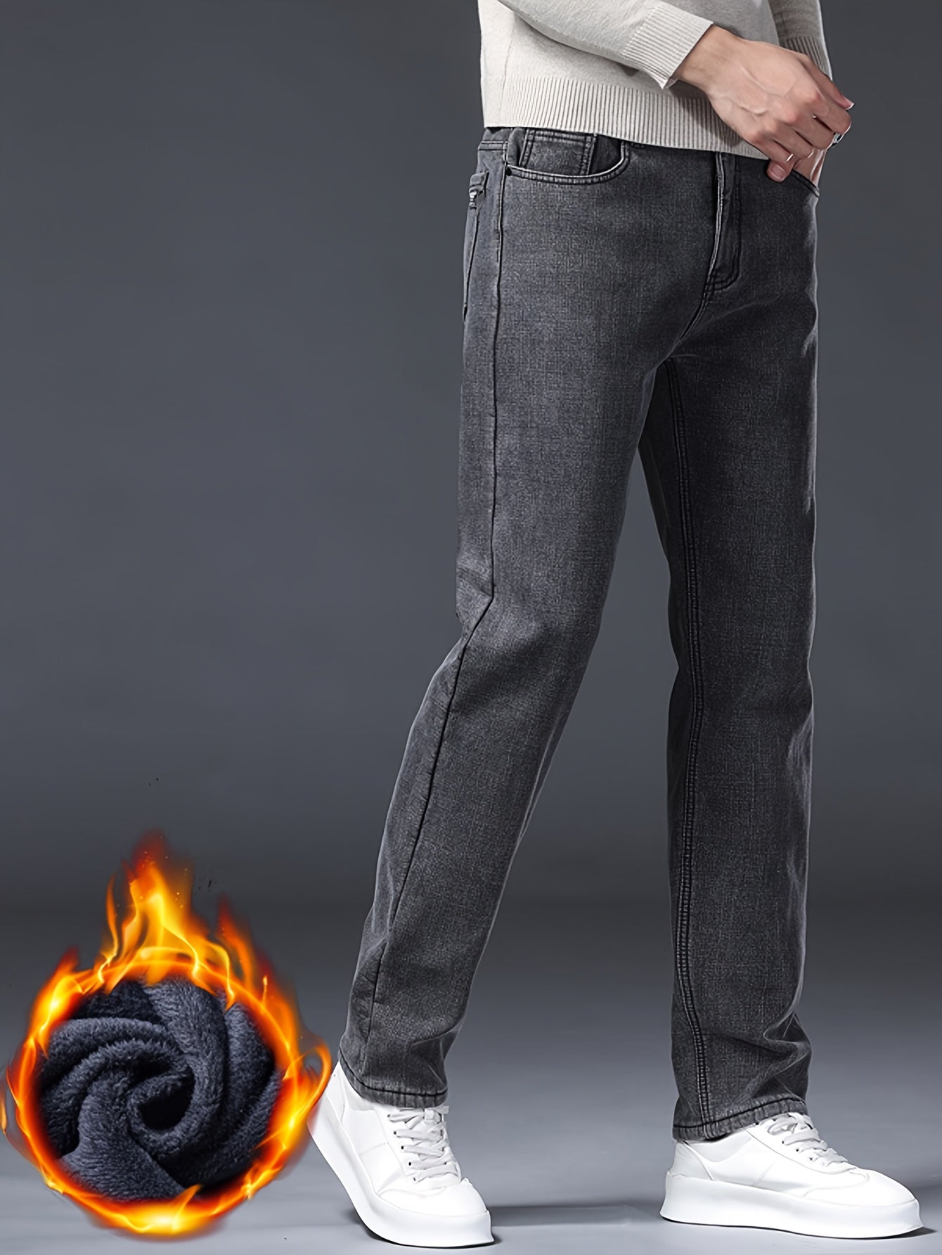 Herren Jeans Hose Grau Winter Warm