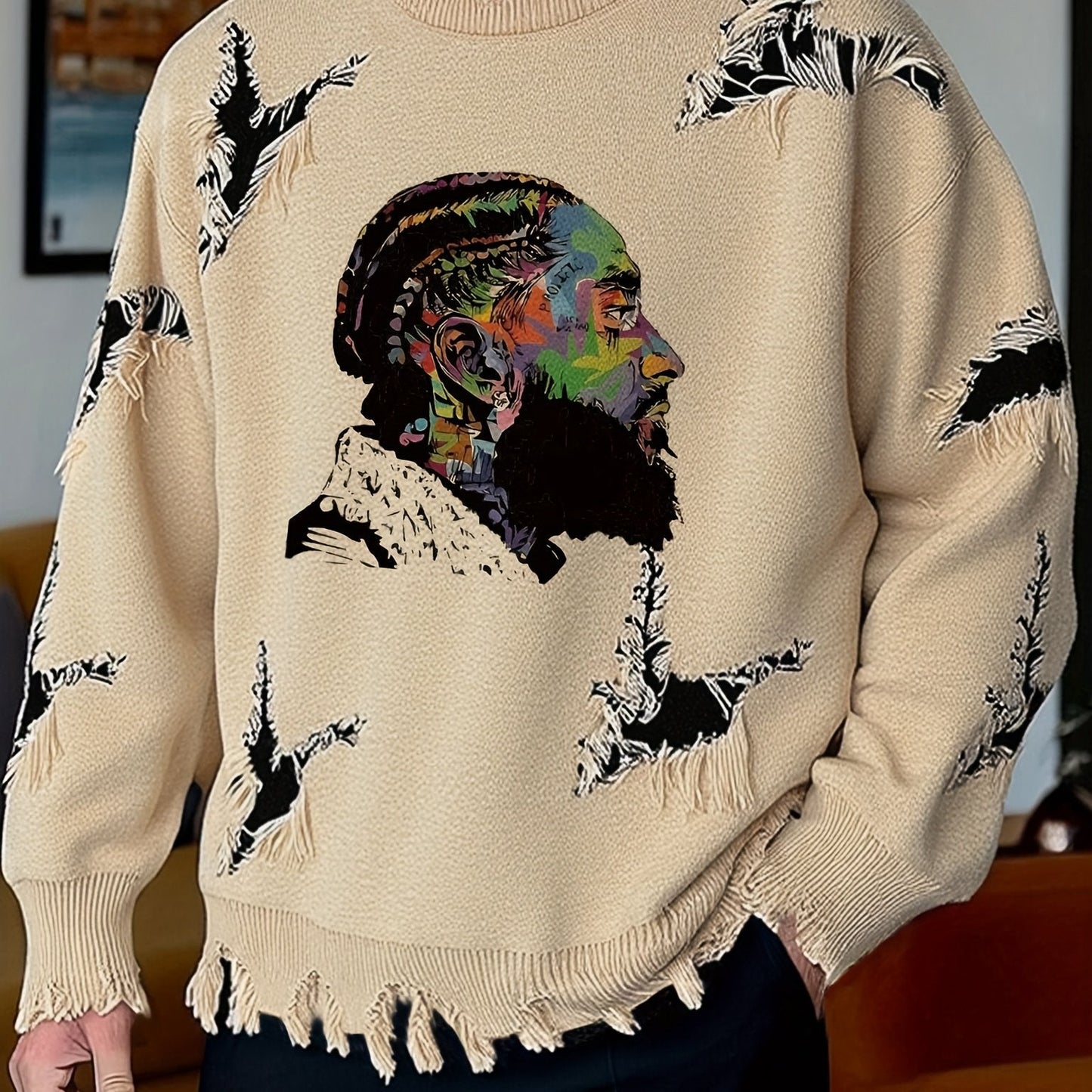 Men's chunky-knit crew-neck sweater with colorful portrait print and distressed details