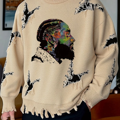 Men's chunky-knit crew-neck sweater with colorful portrait print and distressed details