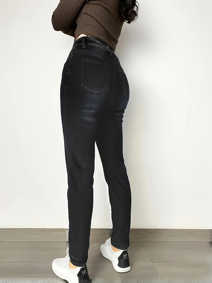 Black fleece-lined thermal jeans leggings with stretch for women