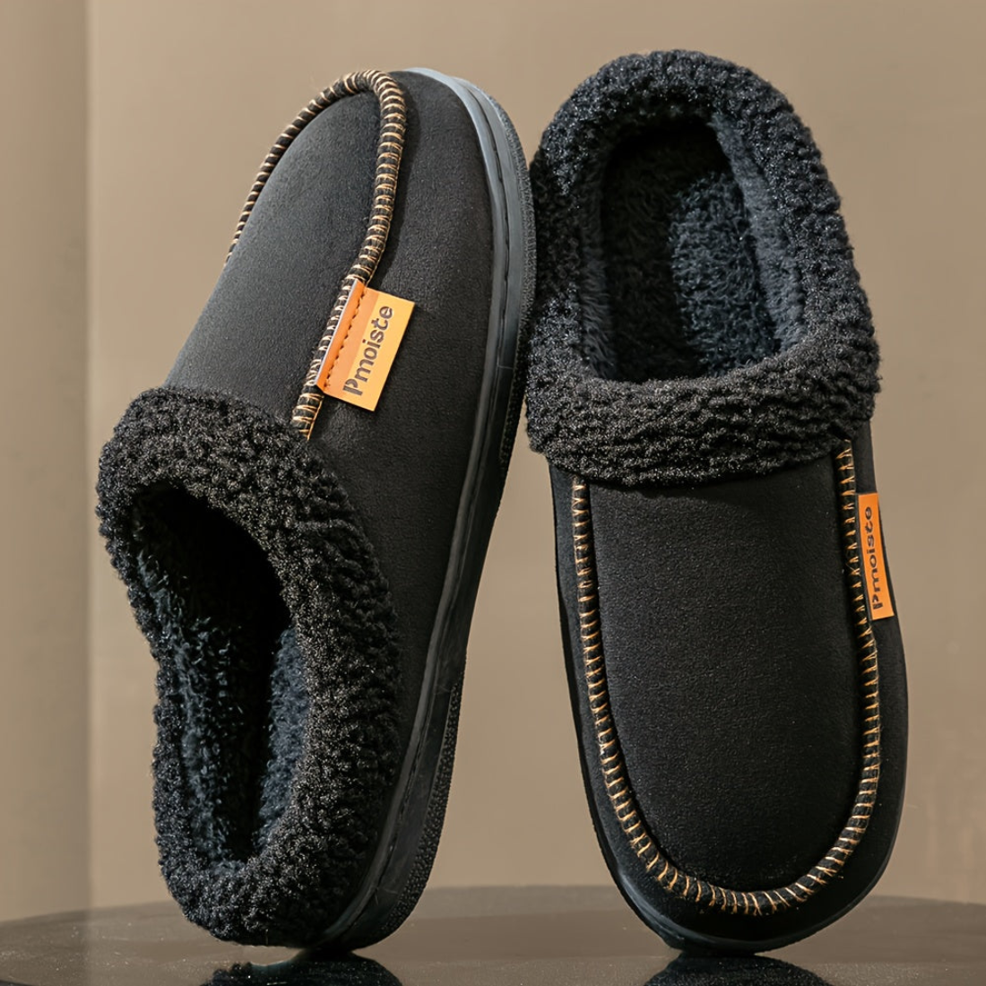 Men's plush-lined slippers, cozy winter footwear, black