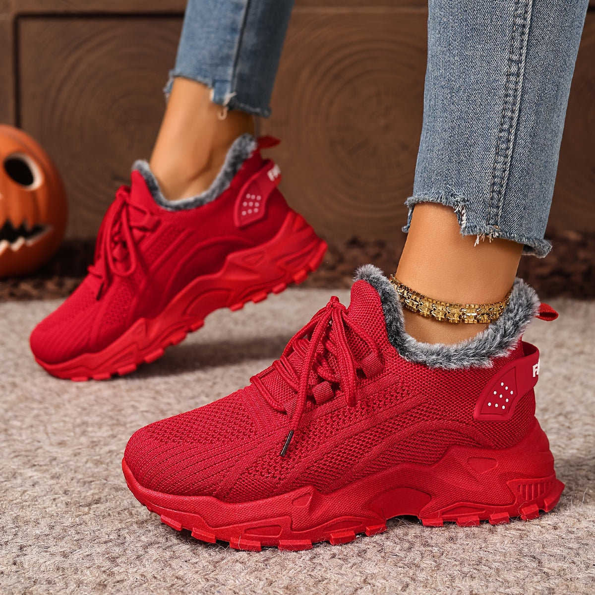 Damen Sneaker mit Strick-Obermaterial und Futter in Pelz-Optik Rot