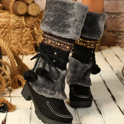 Women's brown winter boots with faux fur, decorative straps & pom-poms