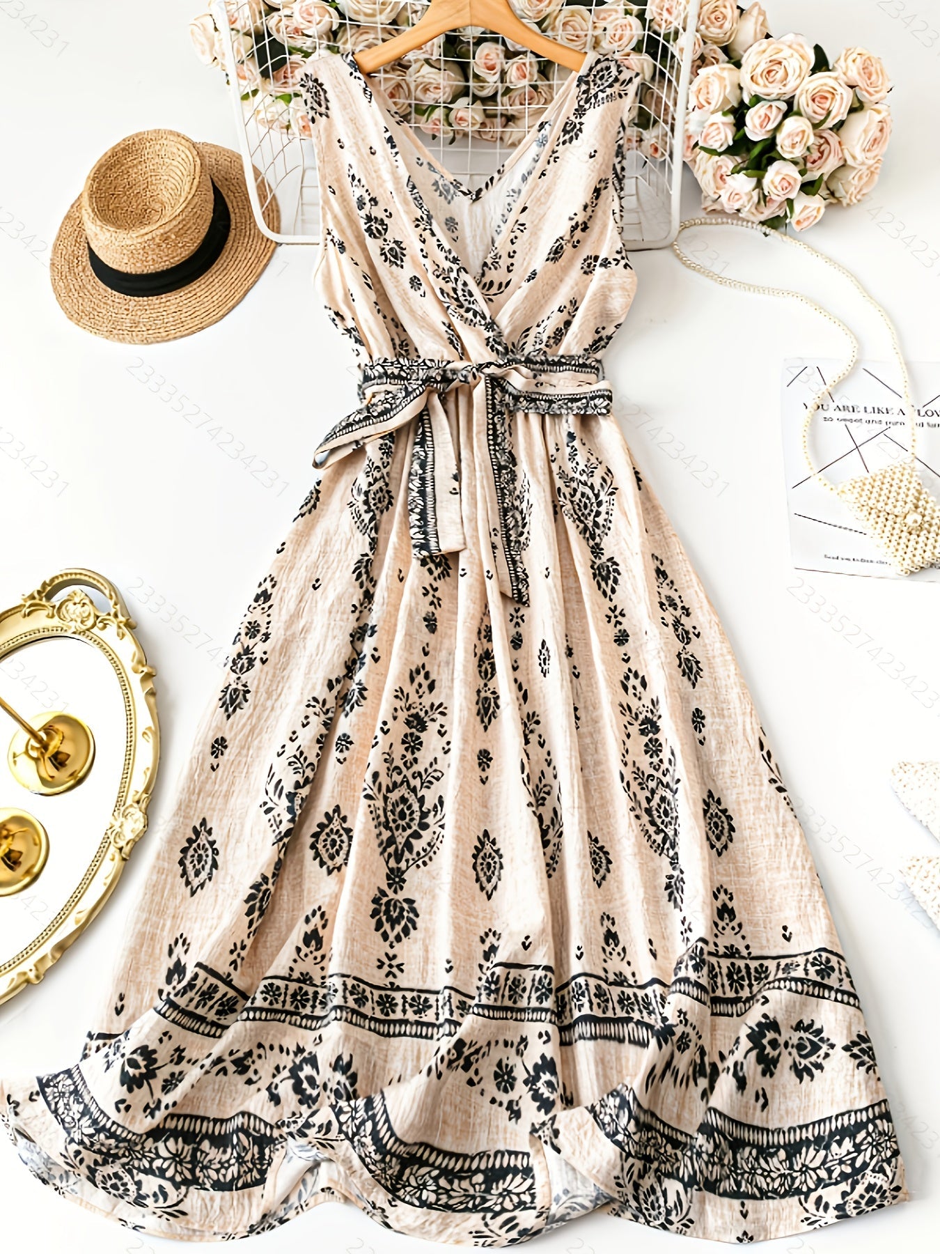 Women's Boho Maxi Dress with Belt and Floral Pattern – Elegant Summer Dress for Leisure and Vacation