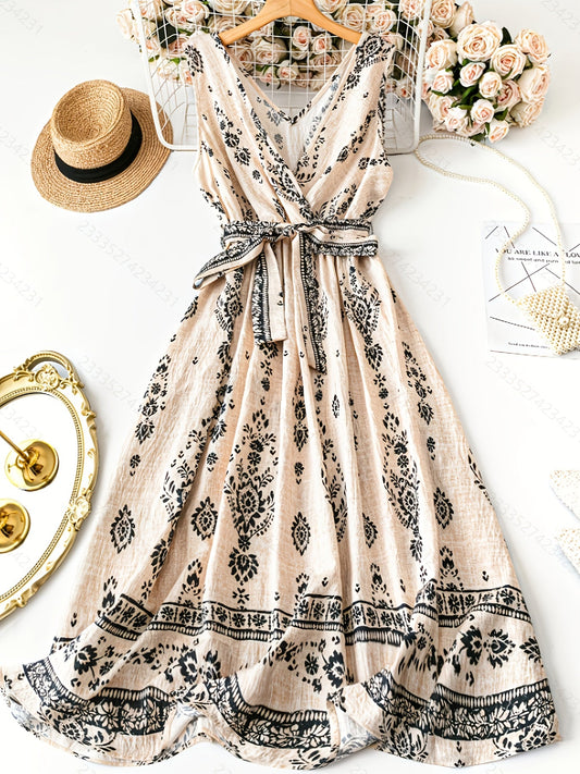 Women's Boho Maxi Dress with Belt and Floral Pattern – Elegant Summer Dress for Leisure and Vacation