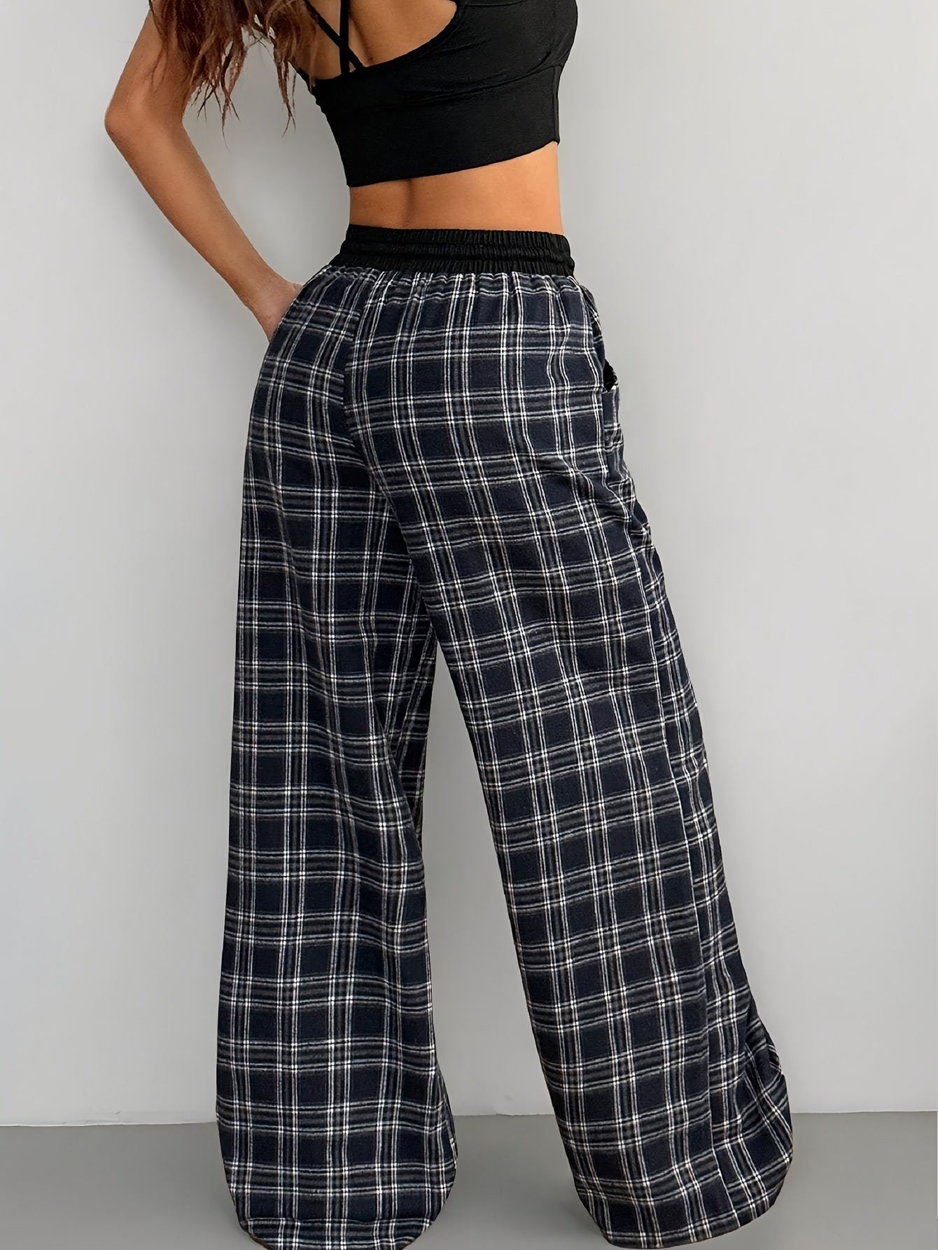 Damen Weitbeinige Karierte Freizeithose mit Kordelzug – Lässige Loungehose für Alltag und Wochenende