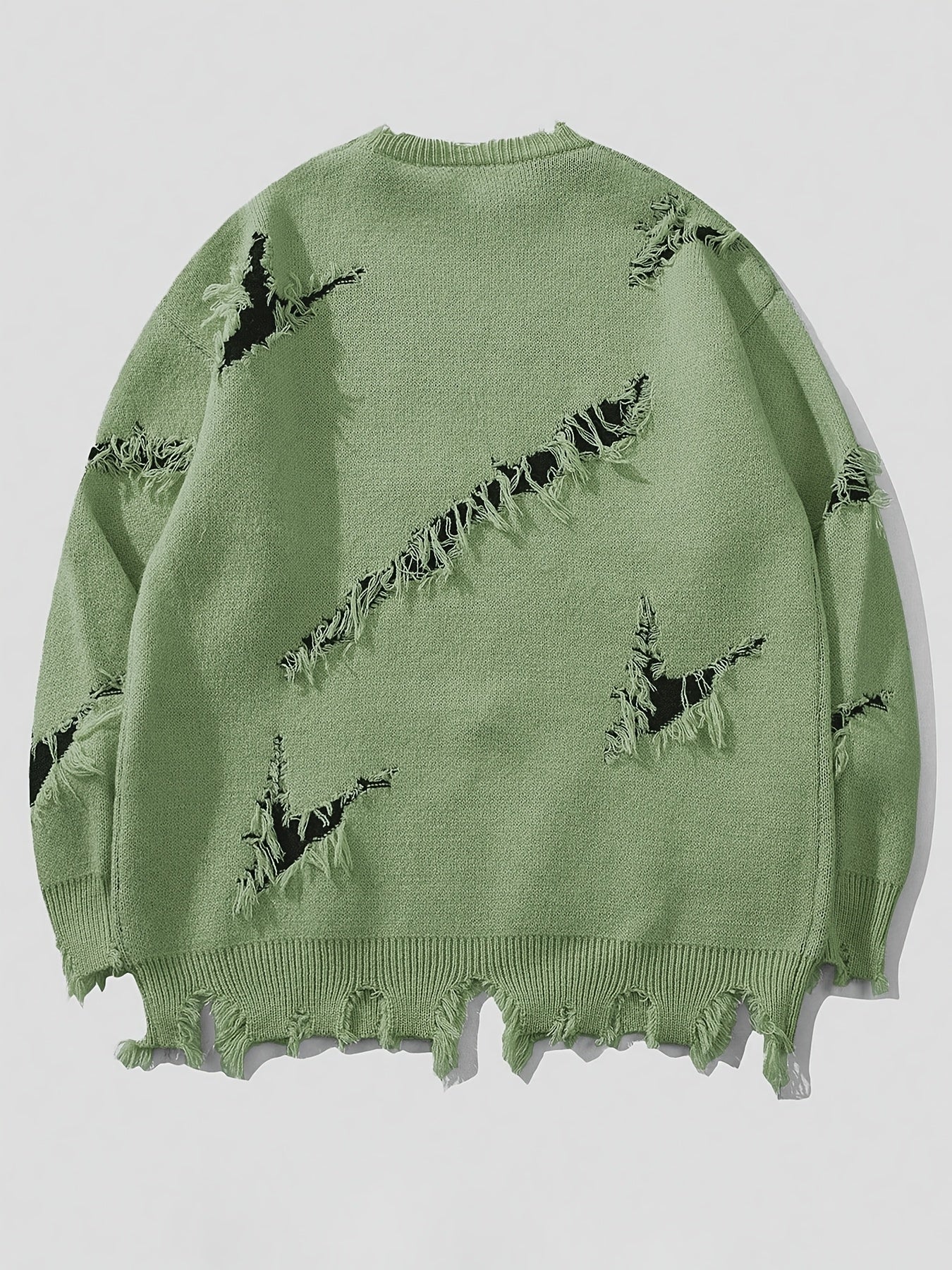Men's chunky-knit crew-neck sweater with colorful portrait print and distressed details