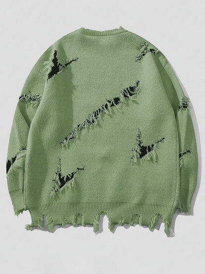 Men's chunky-knit crew-neck sweater with colorful portrait print and distressed details