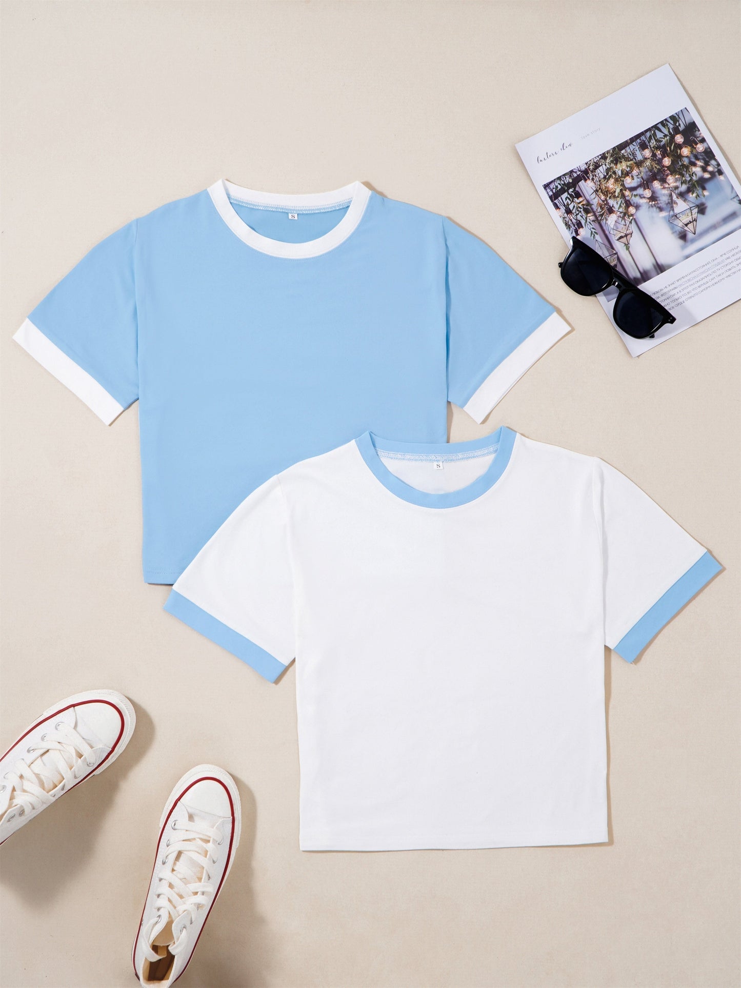 Women's T-Shirt Set in Colorblock Design, Short Sleeve, Modern & Casual – Perfect for Everyday and Leisure