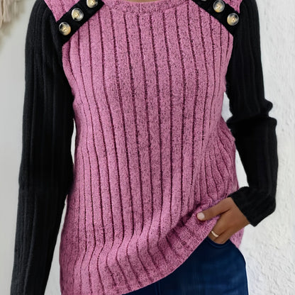 Damen Langarmshirt Gerippt mit Knopfleiste Kontrastärmel Schwarz