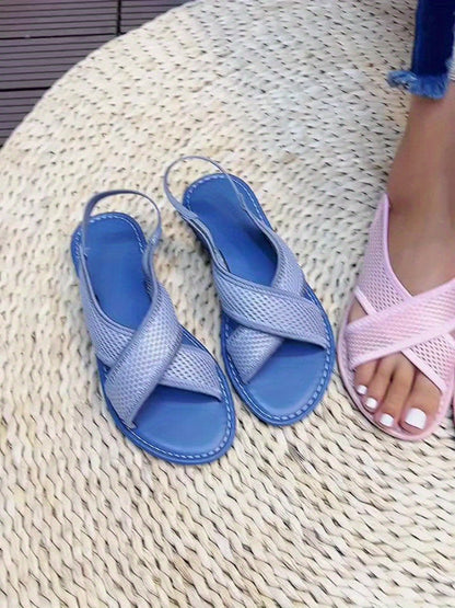 Women's Summer Sandals with Cross Straps and Mesh Design – Comfortable Slip-On Casual Slides