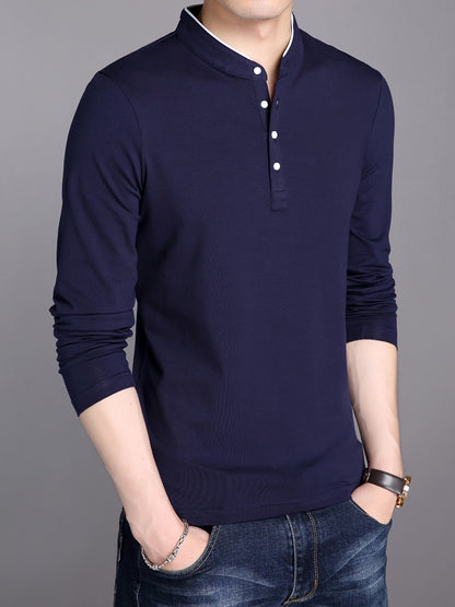 Men's long-sleeve shirt with stand-up collar and button placket