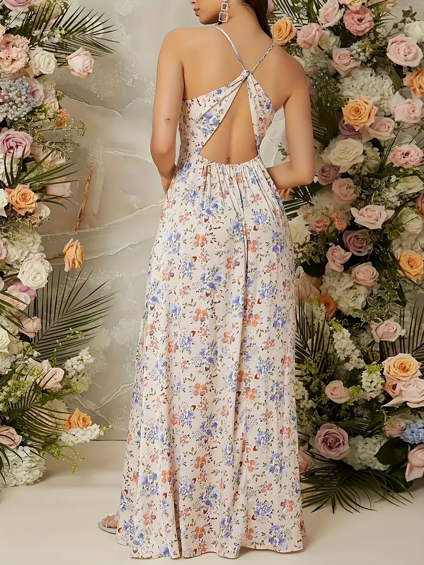 Women's Elegant Maxi Dress with Floral Pattern and Slit – Perfect for Parties and Special Occasions