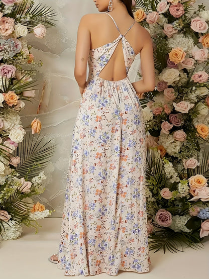 Women's Elegant Maxi Dress with Floral Pattern and Slit – Perfect for Parties and Special Occasions