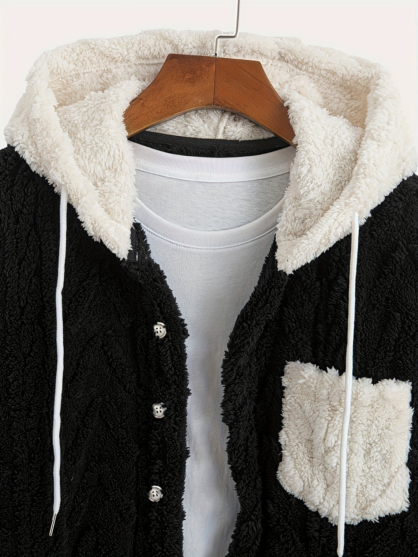 Men's teddy fleece jacket with hood and chest pocket
