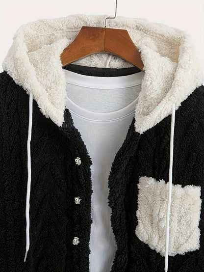 Men's teddy fleece jacket with hood and chest pocket