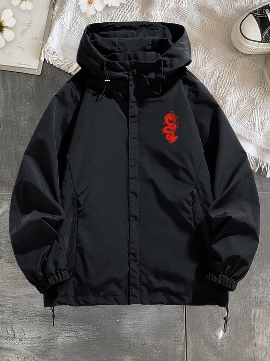 Unisex black windbreaker jacket with hood and red dragon design