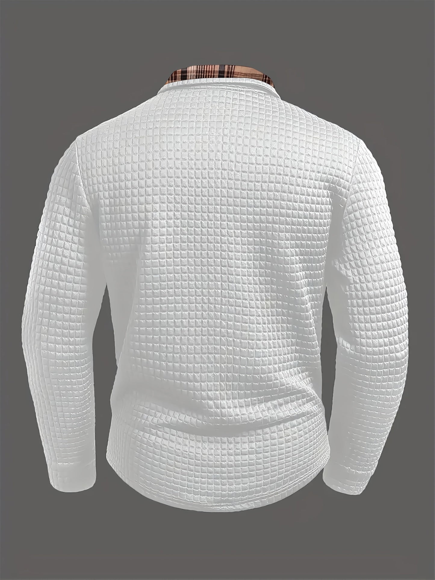 Men's long-sleeve polo shirt with waffle texture and checked pattern