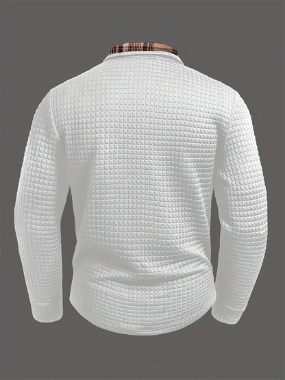 Men's long-sleeve polo shirt with waffle texture and checked pattern