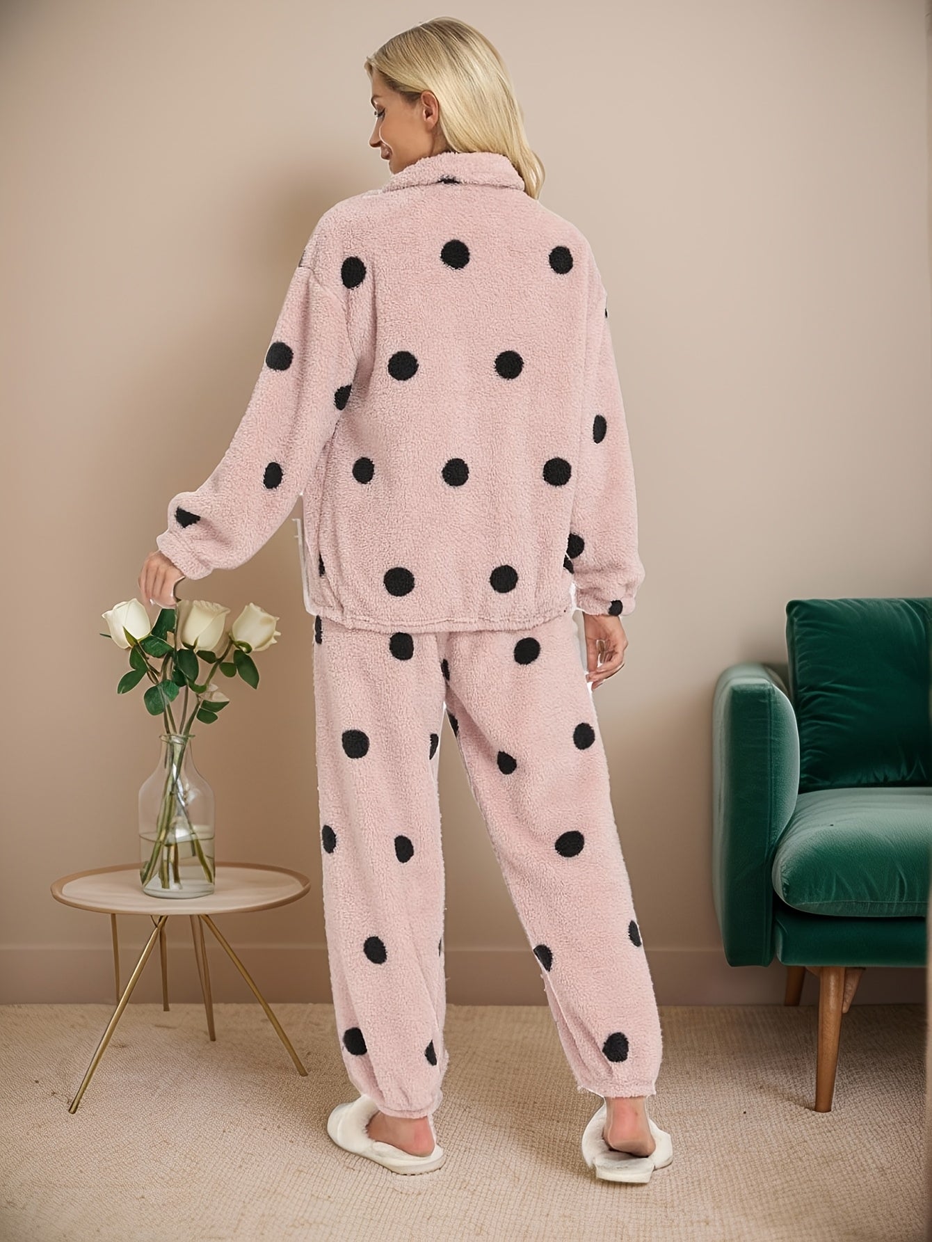 Women's Loungewear Set Plush Polka Dots Zipper Stand Collar Pajamas