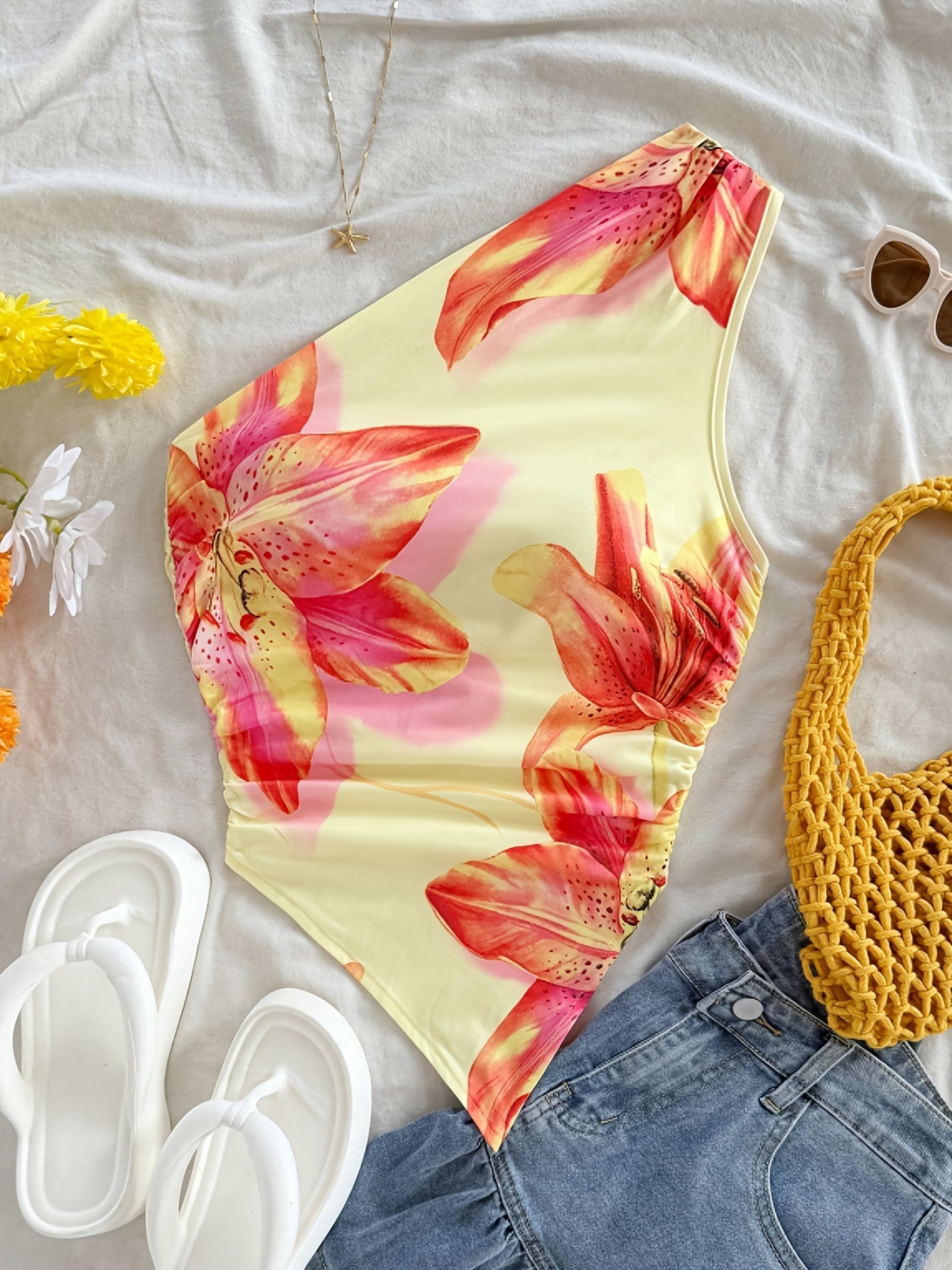 Women's One-Shoulder Swimsuit Elegant Floral Pattern for Spring & Summer