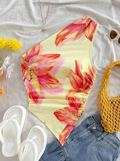 Women's One-Shoulder Swimsuit Elegant Floral Pattern for Spring & Summer