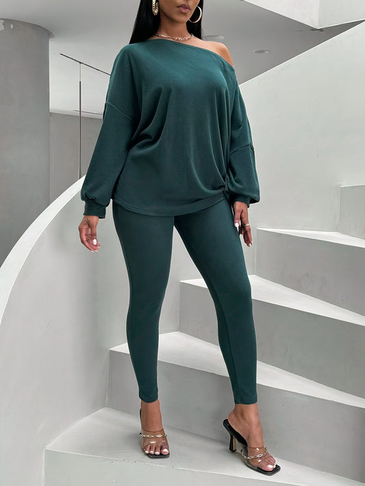 Women's dark green two-piece set with an off-shoulder top and leggings