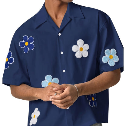 Herren Freizeit Kurzarm-Hemd mit Blumenapplikationen und Camp-Kragen – Modernes Sommer-Design
