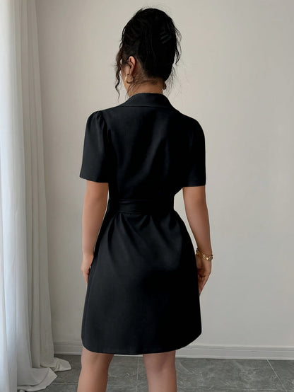 Women's Elegant Blazer Dress with Belt and Short Sleeves – Business & Occasion Wear