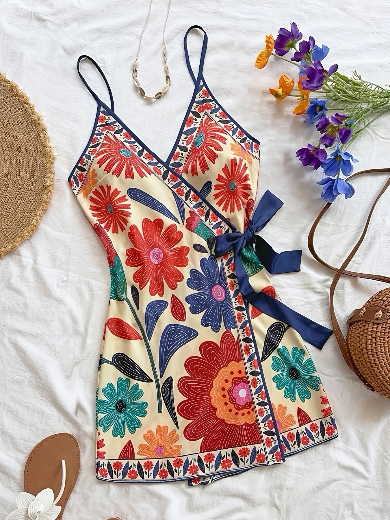 Women's summer wrap dress with tropical print and floral pattern – Perfect for vacation and leisure